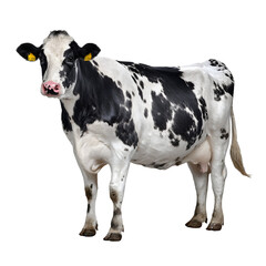 A and detailed portrait of a Holstein dairy cow standing in profile showcasing its distinctive black and white spotted coat pattern clear muscle and bone structure and medium length tail