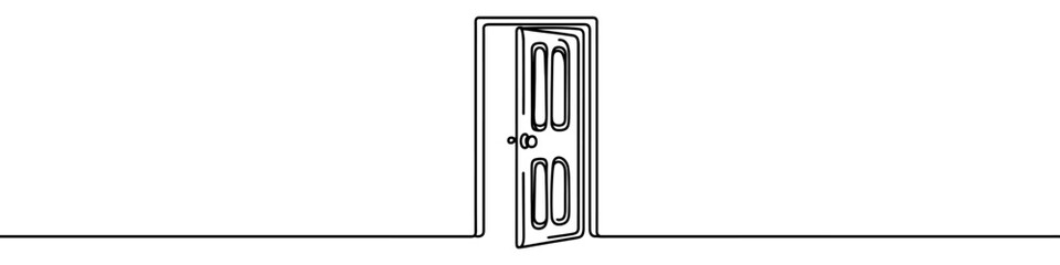 Open door icon. Continuous one line drawing of open door. Open door in one line style, isolated on white background. Vector illustration.