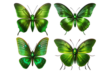 Set Green butterfly isolated on transparent or white background