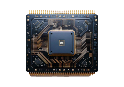 A macro shot of a 3D AI microchip, isolated on transparent or white background