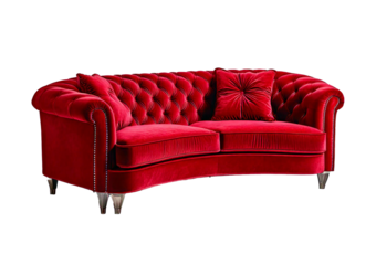 Luxurious red velvet sectional sofa with plush cushions and tufted design, isolated on a transparent or white background.