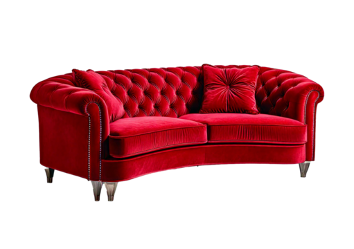 Luxurious red velvet sectional sofa with plush cushions and tufted design, isolated on a transparent or white background.