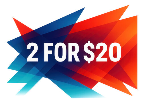 Geometric burst sticker with "2 FOR $20" offer in bold modern style, vibrant retail promo discount on transparent background.