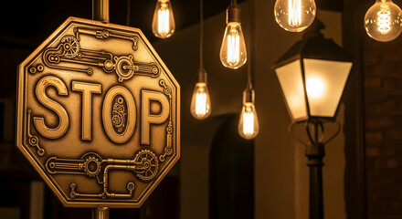 Steampunk Stop Sign Decoration Surrounded By Edison Bulbs And Vintage Streetlight