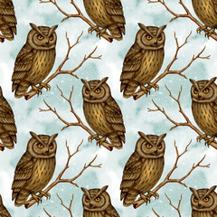 Seamless pattern with brown owl sitting on bare tree branch. Hand-painted watercolor drawing with soft cloudy background. Ideal for wrapping paper, fabric, wallpaper, and rustic design.