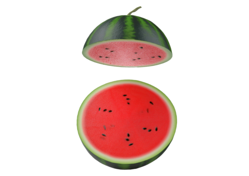 Half slice of Watermelon, summer concept top view full length, isolated on transparent or white background