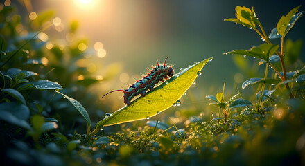 Morning Dew Drops On A Leaf With A Colourful Caterpillar Crawling