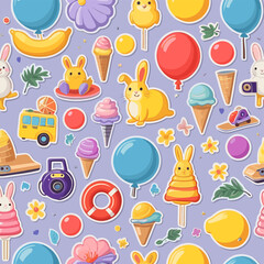 Colorful Cartoon Pattern with Balloons, Ice Cream, and Cute Animals on a Purple Background for Kids' Products and Decor