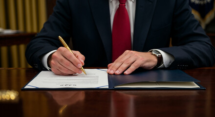 Businessman in suit signing document at desk, formal contract agreement – Legal, finance, and professional use