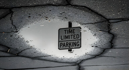 Pothole Reflecting Time Limited Parking Sign On The Cracked Road Surface