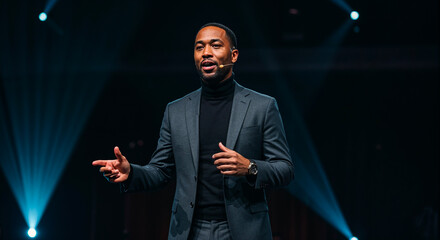 Confident Black man presenting on stage in a suit, spotlighted in a dark theater, inspiring leadership and communication concepts.