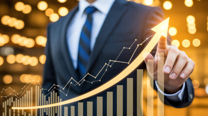 A professional business photo showing a person in a dark navy suit and blue tie standing in front of a glowing financial chart