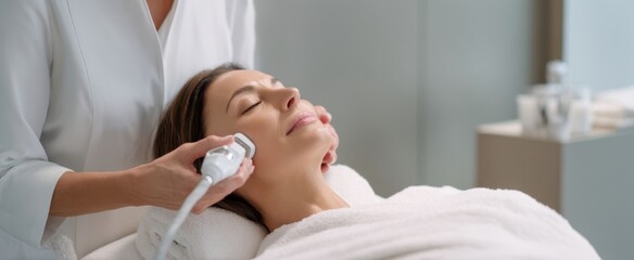 The woman enjoying a soothing facial treatment in a modern spa setting.