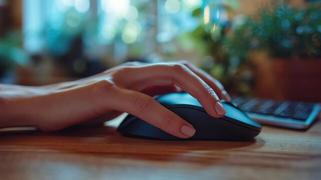 Hand using mouse on wooden desk with keyboard and plant creating calm workspace atmosphere technology computer setup for productivity
