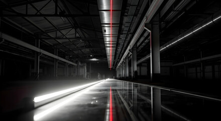 Symmetric Interior Of Dark Factory With Lights And Reflections In Water