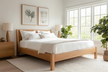 Scandinavian-inspired bed with light wood frame and white linen bedding, surrounded by minimal decor