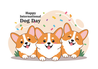 Three cute Corgi dogs with confetti for International Dog Day celebration.