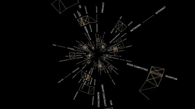 Zoom-in through cybersecurity terms in abstract digital tunnel