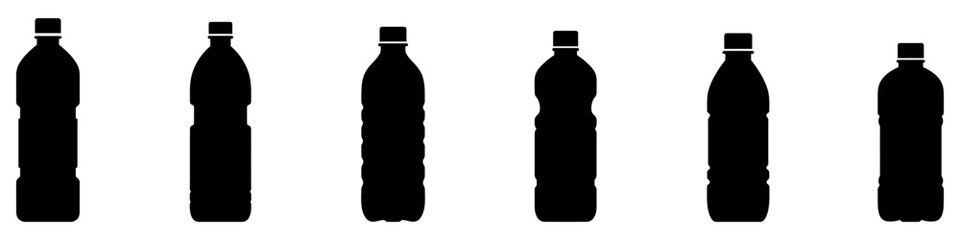 Plastic bottle icon. Set of black plastic bottles isolated on white background. Water bottle icon. Vector illustration.