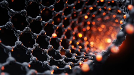 Carbon Nanotubes. Close-up of a molecular structure with glowing particles in a dark background.