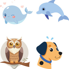 Fototapeta premium Vector art of a cute cartoon whale winks, a dolphin leaps, a brown owl perches on a branch, and a dalmatian dog looks to the side in this charming vector illustration