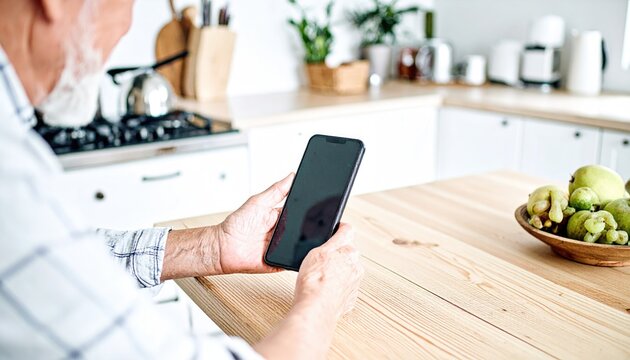 phone and relax with old couple in kitchen for retirement fund, social security benefits or news. Senior discount, membership application