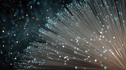 Fiber optic cables glow with light against a dark backdrop