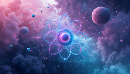 Abstract atom graphic, pastel space, orbiting planets, futuristic background