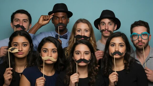 A diverse group of friends pose with fake mustaches for a fun photo booth party