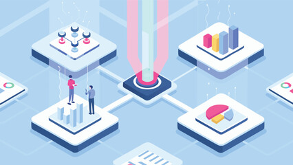 Isometric illustration of business analytics with charts and people analyzing data set up perfectly