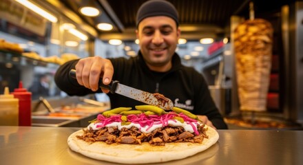 Smiling male preparing delicious doner kebab with vibrant toppings at food stall