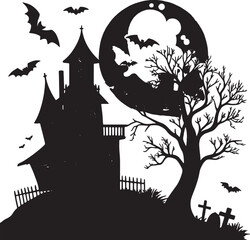 Haunted House with Bats & Full Moon Silhouette Halloween Vector, Spooky Night Scene