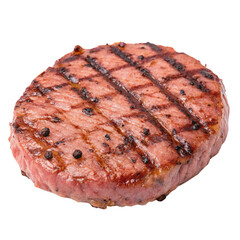 Grilled beef burger patty isolated on white background ideal for fast food recipes and cooking content
