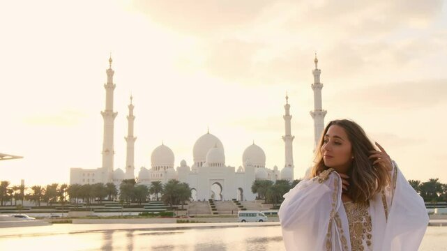 Woman in traditional Arabic dress in Wahat Al Karama or Oasis of Dignity near Sheikh Zayed Grand Mosque in Abu Dhabi, showcasing cultural elegance and iconic Islamic architecture at sunset.