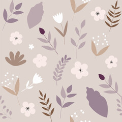 Abstract minimal floral pattern in soft muted colors with decorative flowers and leafy elements