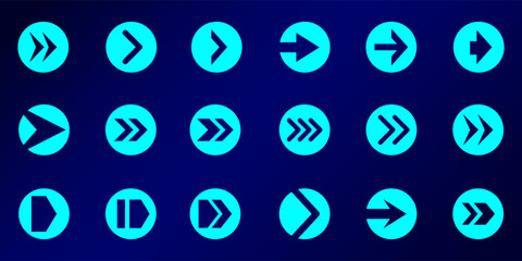 A collection glowing blue arrow designs, ideal for  high-tech interfaces.