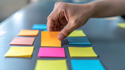 Person placing a sticky note on a planning board.