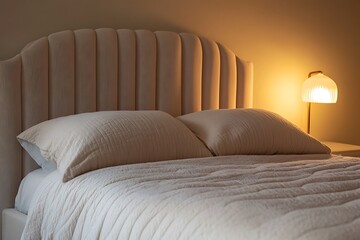 Wavy upholstered headboard in soft lavender fabric on a sleek beige bed frame, soft lighting and shadows 