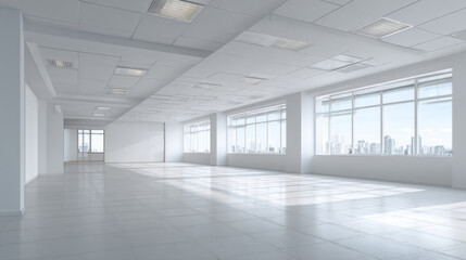 An expansive, blank white wall in a professional office environment, for showcasing advertisements or artwork, 3D rendering, and functional business aesthetic. 3d illustration.