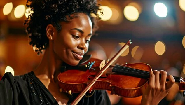 a focused violinist playing the violin with grace and passion, captured in a warm and inviting setting. The scene is filled with soft, glowing light and a sense of artistic expression