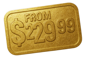 Gold rectangular sticker with "FROM $229.99" in embossed style, attractive retail price promotion on transparent background.
