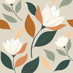 Elegant minimal floral pattern featuring artistic flowers and leaves in warm earthy tones
