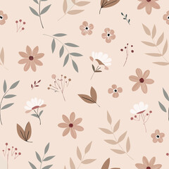 Elegant minimal floral pattern featuring delicate flowers and leafy branches in muted earth tones for design purposes