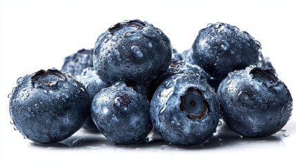 The vibrant, fresh blueberries glistening with water droplets in a cluster.