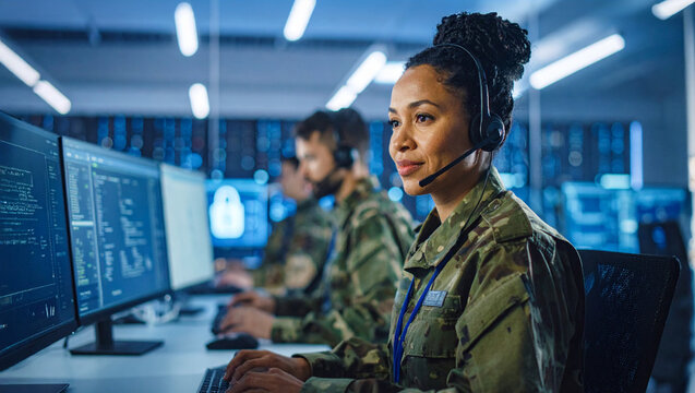 A female soldier in uniform is focused on her computer screen, wearing a headset in a digital command center. Her colleagues are also working diligently at their stations. - Powered by Adobe