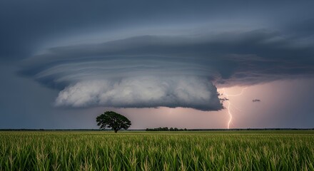 Lone Tree Stands Firm Against Ominous Storm Clouds and Distant Lightning