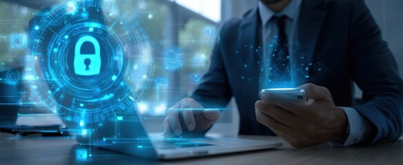 The modern businessman engaging in secure digital communication with technology.