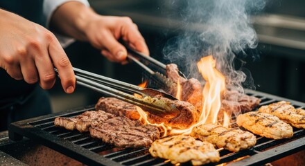 Naklejka premium Chef grilling assorted steaks and chicken over open flame outdoors