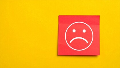 A close-up shot of a red sticky note featuring a sad face emoji on a vibrant yellow background