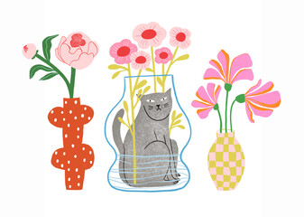 Hand drawn illustration with cat among flowers